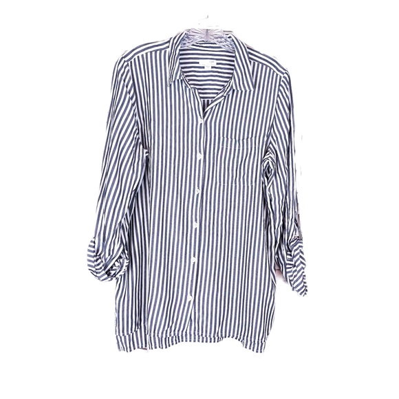 J. Jill Tops - J. Jill Blue Rayon Striped Button-Front Shirt Blouse Tunic Women's Size Small